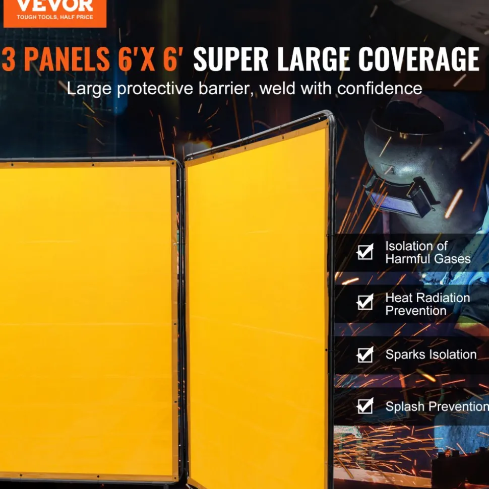 VEVOR Welding Screen with Frame, 6' x 6' 3 Panel Welding Curtain Screens, Flame-Resistant Vinyl Welding Protection Screen on 12 Swivel Wheels (6 Lockable), Moveable & Professional for Workshop, Yellow