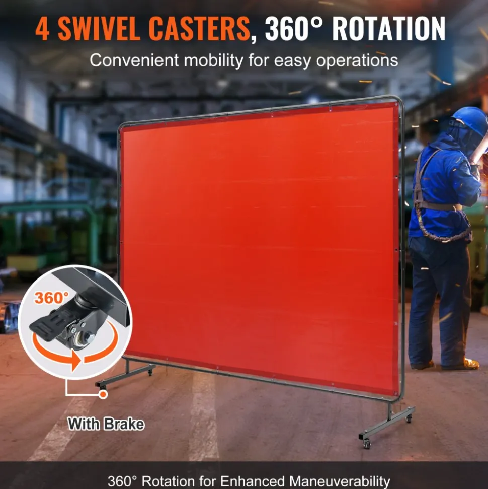 VEVOR Welding Screen with Frame, 6' x 8' Welding Curtain Screen, Flame-Resistant Vinyl Welding Protection Screen on 4 Swivel Wheels (2 Lockable), Moveable & Professional for Workshop/Industrial, Red