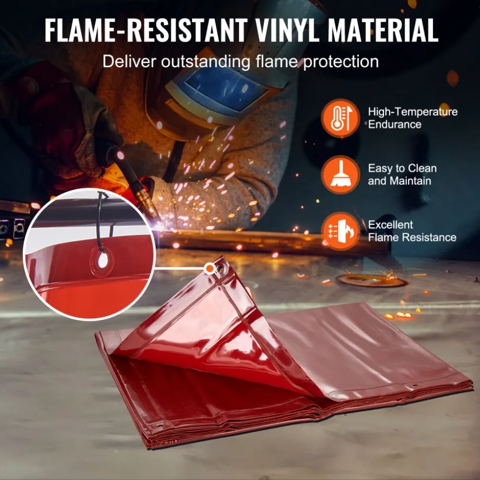 VEVOR Welding Screen with Frame, 6' x 8' Welding Curtain Screen, Flame-Resistant Vinyl Welding Protection Screen on 4 Swivel Wheels (2 Lockable), Moveable & Professional for Workshop/Industrial, Red