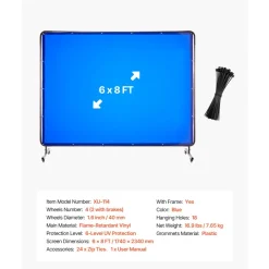 VEVOR Welding Screen with Frame, 6 x 8 FT Welding Curtain Screen, Flame-Resistant Vinyl Safety Protection Screens with Lockable Swivel Wheels & 6-Level UV Protection for Workshop/Industrial Use, Blue