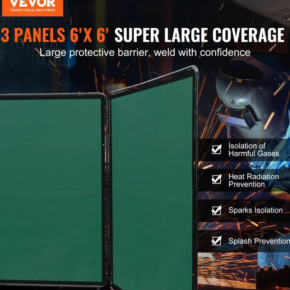 VEVOR Welding Screen with Frame, 6' x 6' 3 Panel Welding Curtain Screens, Flame-Resistant Vinyl Welding Protection Screen on 12 Swivel Wheels (6 Lockable), Moveable & Professional for Workshop, Green