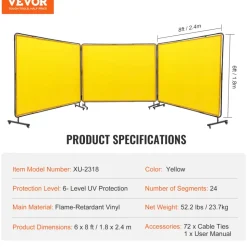 VEVOR Welding Screen with Frame, 6' x 8' 3 Panel Welding Curtain Screens, Flame-Resistant Vinyl Welding Protection Screen on 12 Swivel Wheels (6 Lockable), Moveable & Professional for Workshop, Yellow