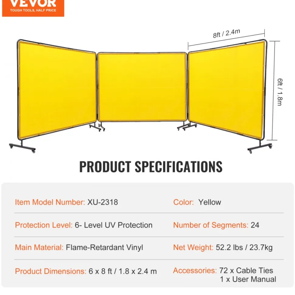 VEVOR Welding Screen with Frame, 6' x 8' 3 Panel Welding Curtain Screens, Flame-Resistant Vinyl Welding Protection Screen on 12 Swivel Wheels (6 Lockable), Moveable & Professional for Workshop, Yellow