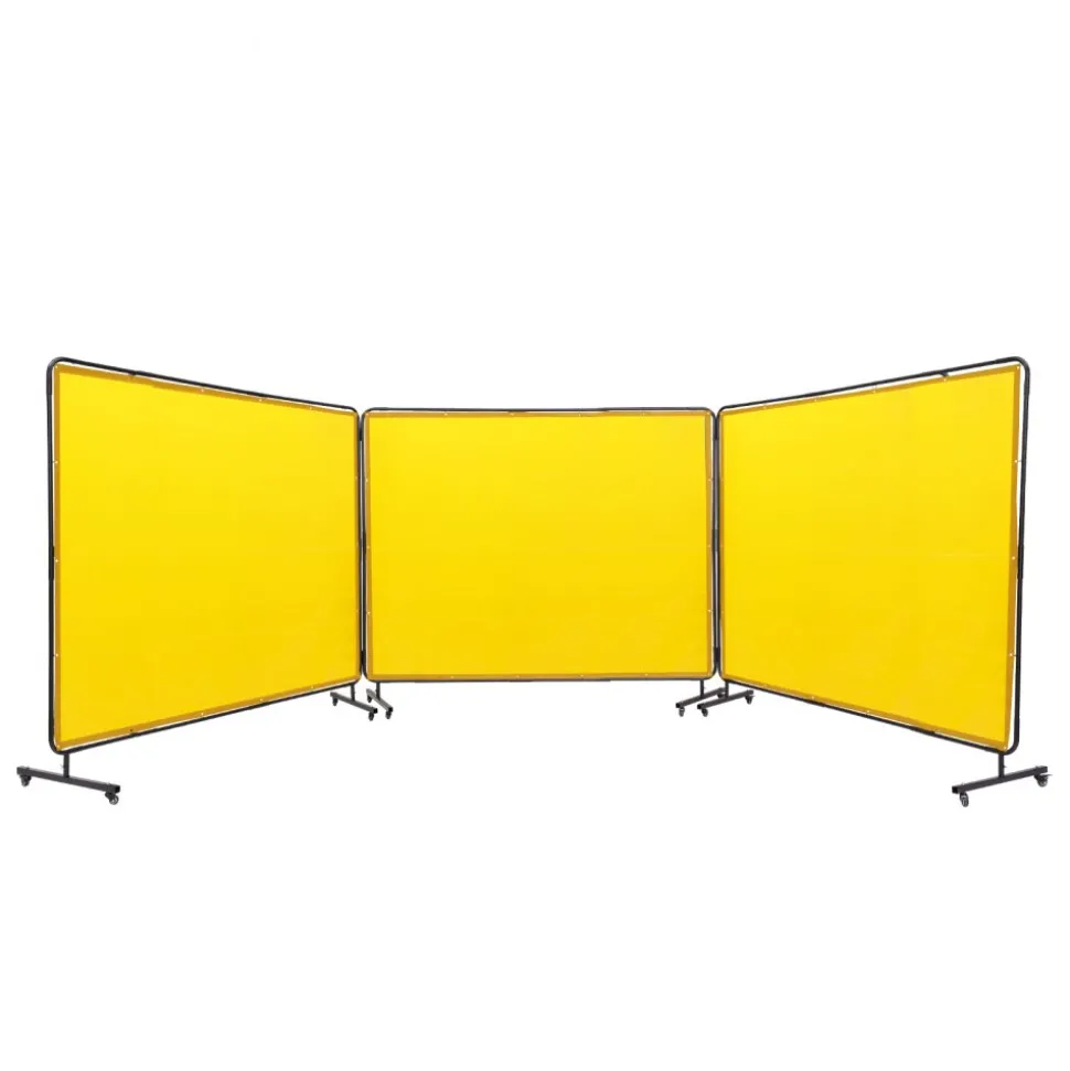 VEVOR Welding Screen with Frame, 6' x 8' 3 Panel Welding Curtain Screens, Flame-Resistant Vinyl Welding Protection Screen on 12 Swivel Wheels (6 Lockable), Moveable & Professional for Workshop, Yellow