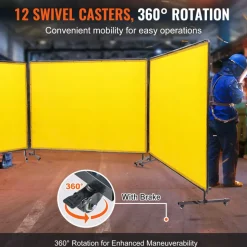 VEVOR Welding Screen with Frame, 6' x 8' 3 Panel Welding Curtain Screens, Flame-Resistant Vinyl Welding Protection Screen on 12 Swivel Wheels (6 Lockable), Moveable & Professional for Workshop, Yellow
