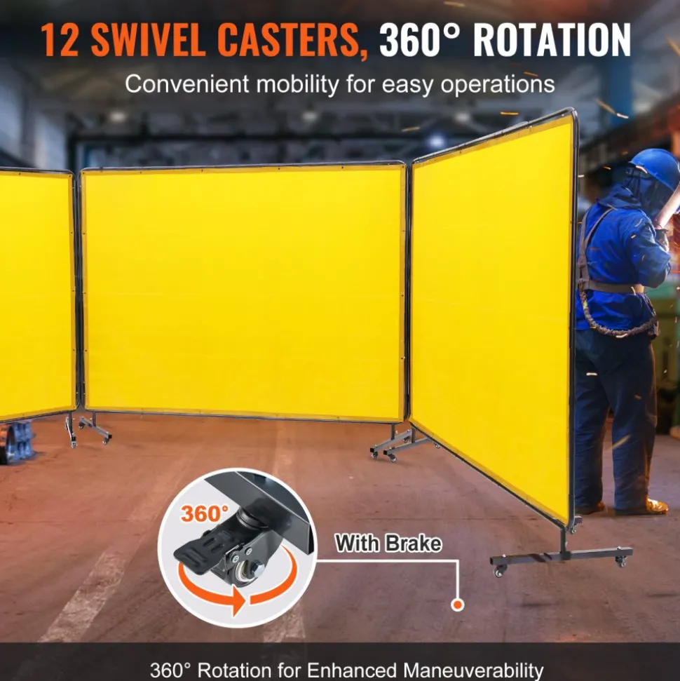 VEVOR Welding Screen with Frame, 6' x 8' 3 Panel Welding Curtain Screens, Flame-Resistant Vinyl Welding Protection Screen on 12 Swivel Wheels (6 Lockable), Moveable & Professional for Workshop, Yellow