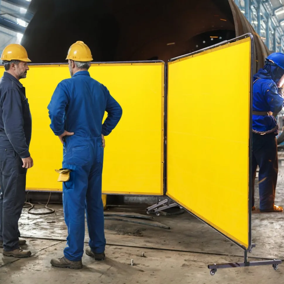 VEVOR Welding Screen with Frame, 6' x 8' 3 Panel Welding Curtain Screens, Flame-Resistant Vinyl Welding Protection Screen on 12 Swivel Wheels (6 Lockable), Moveable & Professional for Workshop, Yellow