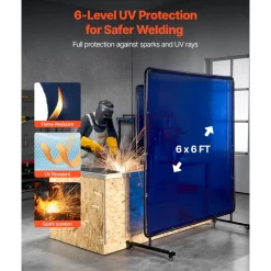 VEVOR Welding Screen with Frame, 6 x 6 FT Welding Curtain Screen, Flame-Resistant Vinyl Safety Protection Screens with Lockable Swivel Wheels & 6-Level UV Protection for Workshop/Industrial Use, Blue