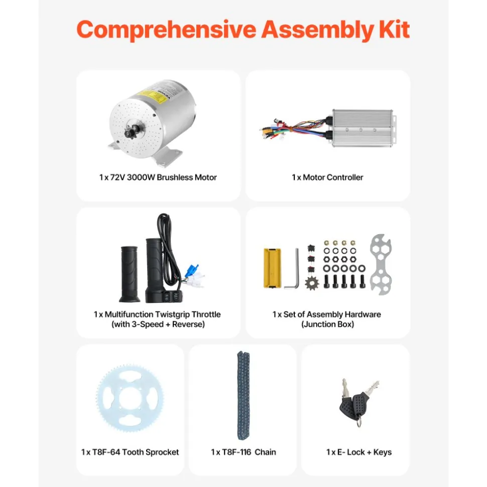 VEVOR 3000W Electric Brushless DC Motor Kit - 72V 4900rpm Motor with Upgraded Speed Controller and Throttle Grip Kit for Go Karts E-Bike Motorcycle Scooter DIY