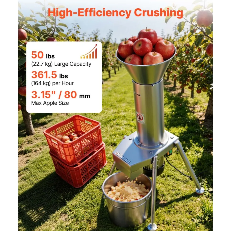 VEVOR 1100W Electric Fruit Apple Crusher, SUS304 Freestanding Crushing Machine, Grinds Whole Apples Up to 3.15" Dia, 164 KG/H Capacity, Cider Press for Apples, Pears, Pineapple, Guava, Carrot, Potato