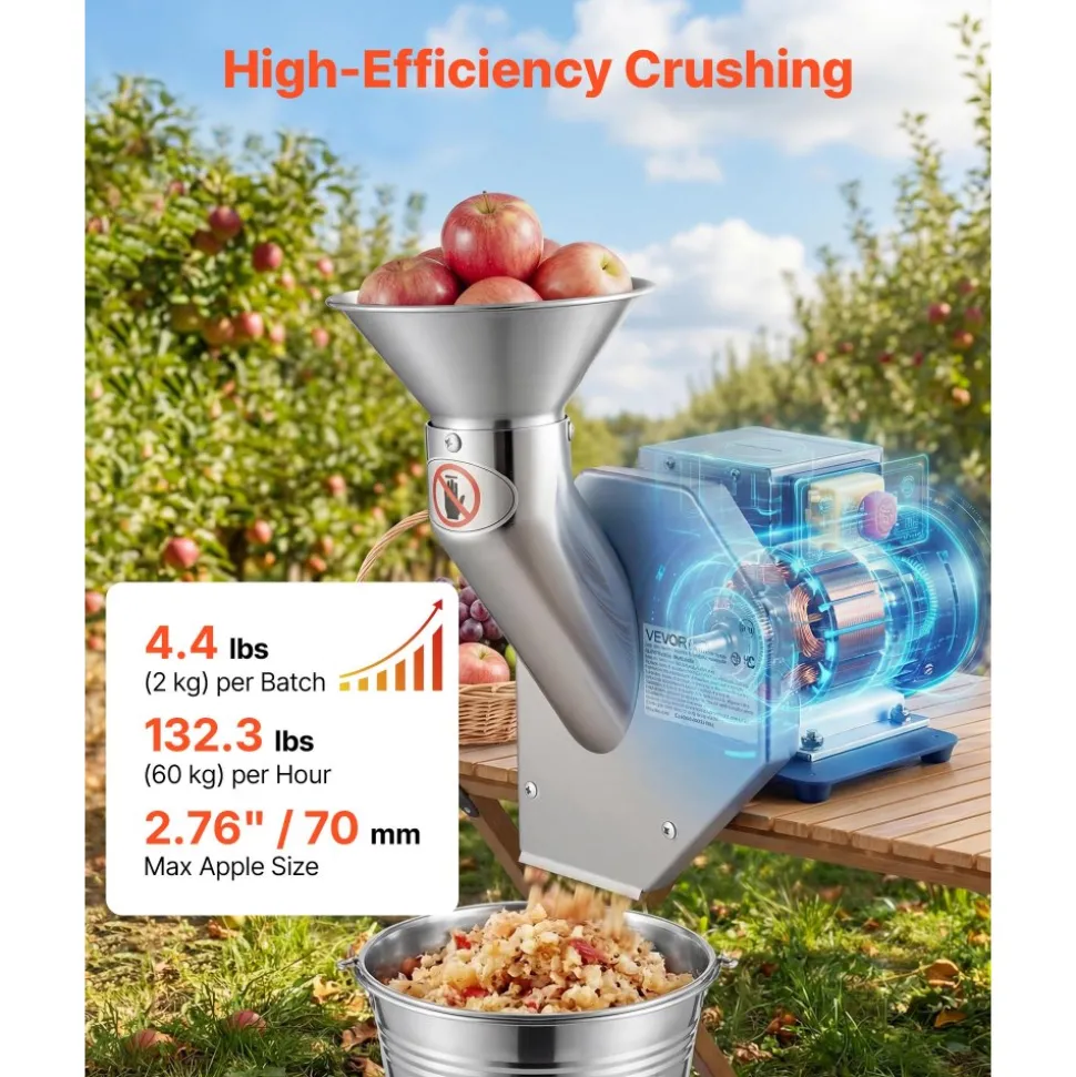 VEVOR 550W Electric Fruit Apple Crusher, SUS304 Desktop Crushing Machine, Grinds Whole Apples Up to 2.76" Dia, 60 KG/H Capacity, Cider Press for Apples, Pears, Pineapple, Guava, Carrot, Potato