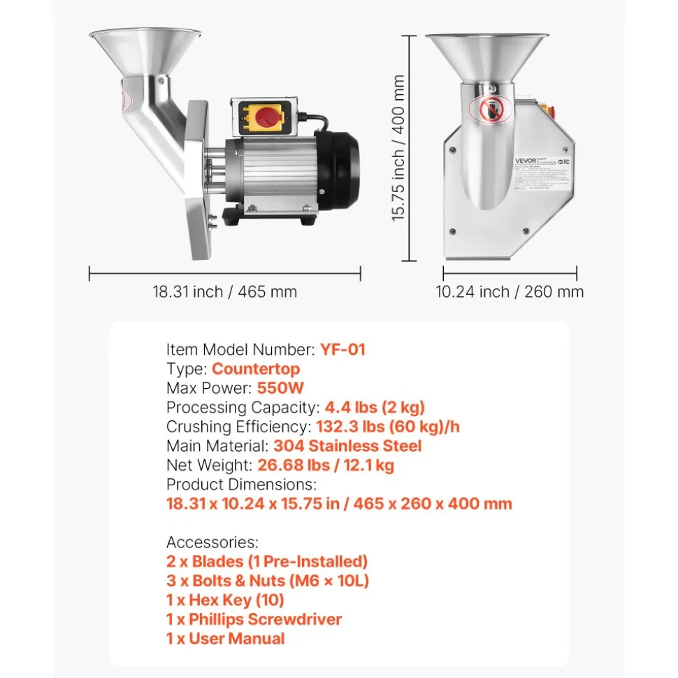 VEVOR 550W Electric Fruit Apple Crusher, SUS304 Desktop Crushing Machine, Grinds Whole Apples Up to 2.76" Dia, 60 KG/H Capacity, Cider Press for Apples, Pears, Pineapple, Guava, Carrot, Potato