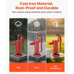 VEVOR Well Hand Pitcher Pump, 25 ft Maximum Lift, Antique Cast Iron Manual Hand Water Pump, NPT 1-1/4 in Connection, Easy Installation, Old Fashioned for Outdoor Garden, Pond, Backyard, Farm, Red