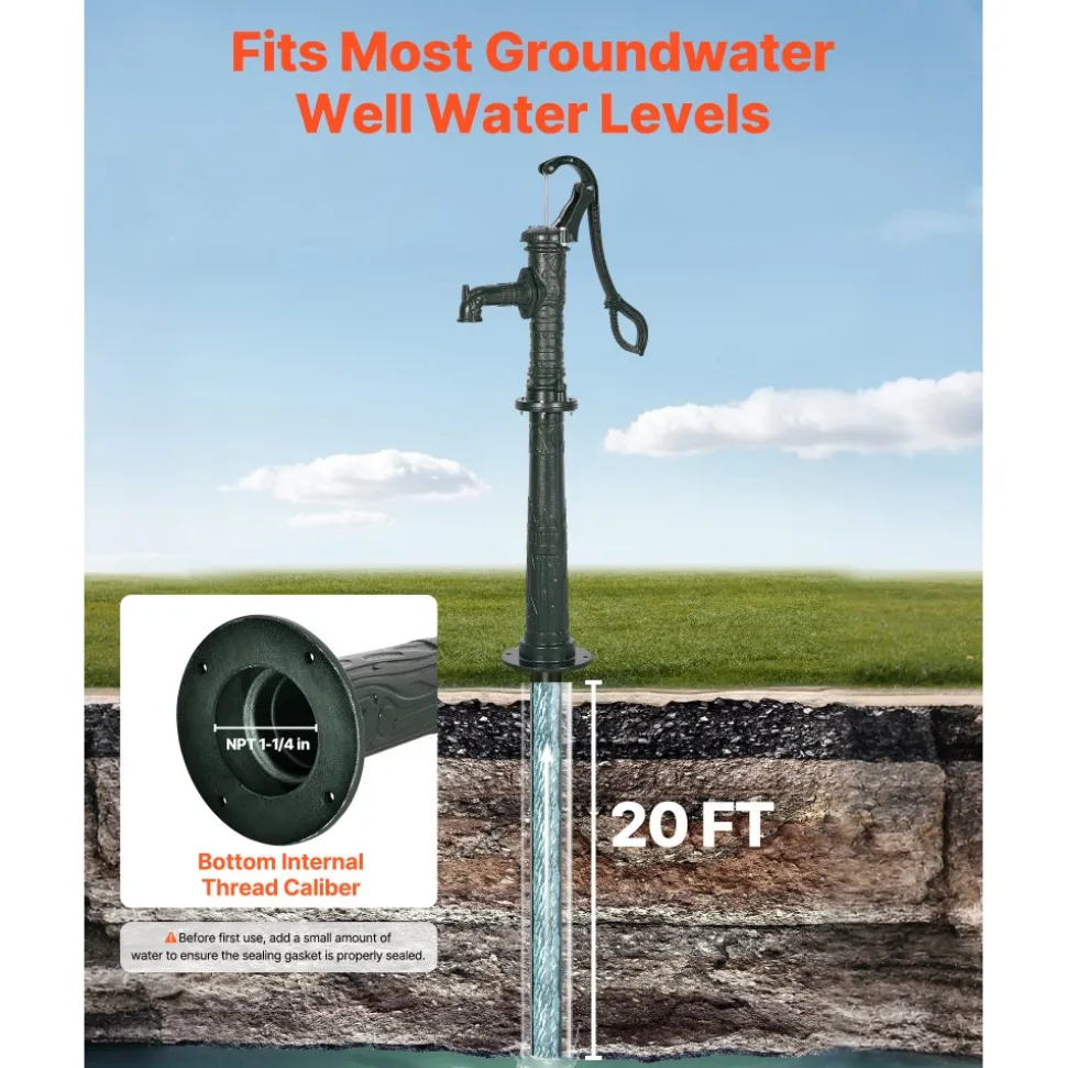 VEVOR Well Hand Pitcher Pump, 25 ft Maximum Lift, Antique Cast Iron Manual Hand Water Pump, NPT 1-1/4 in Connection, Easy Installation, Old Fashioned for Outdoor Garden, Pond, Backyard, Farm, Green