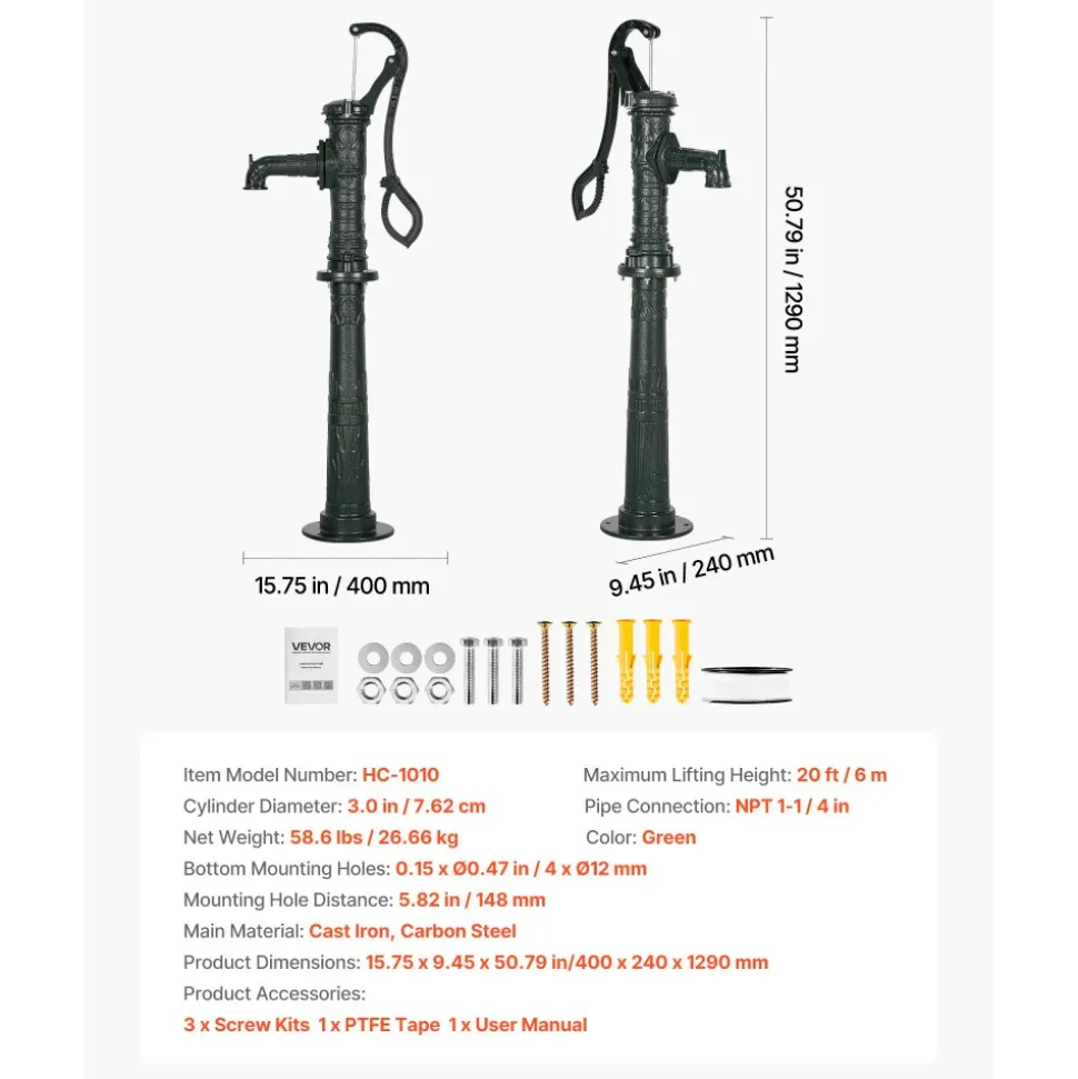 VEVOR Well Hand Pitcher Pump, 25 ft Maximum Lift, Antique Cast Iron Manual Hand Water Pump, NPT 1-1/4 in Connection, Easy Installation, Old Fashioned for Outdoor Garden, Pond, Backyard, Farm, Green