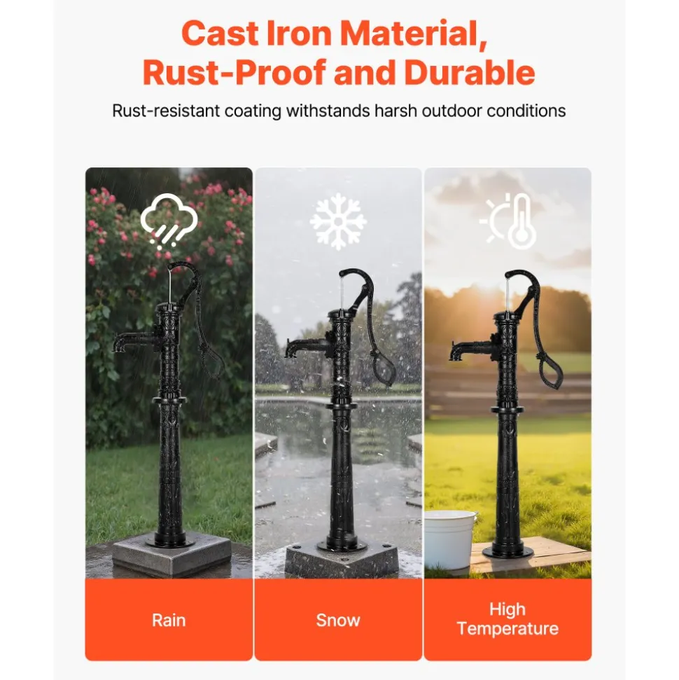VEVOR Well Hand Pitcher Pump, 20 ft Max Lift, Antique Cast Iron Manual Hand Water Pump with Heightening Base, NPT 1-1/4 in Connection, Easy Installation, for Outdoor Garden, Pond, Yard, Farm, Black