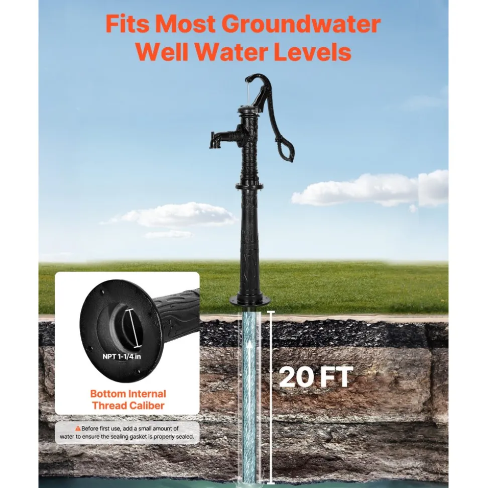 VEVOR Well Hand Pitcher Pump, 20 ft Max Lift, Antique Cast Iron Manual Hand Water Pump with Heightening Base, NPT 1-1/4 in Connection, Easy Installation, for Outdoor Garden, Pond, Yard, Farm, Black