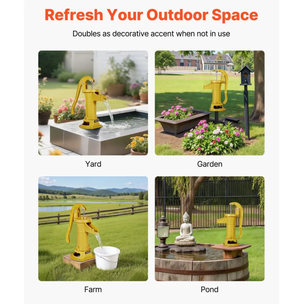 VEVOR Well Hand Pitcher Pump, 25 ft Maximum Lift, Antique Cast Iron Manual Hand Water Pump, NPT 1-1/4 in Connection, Easy Installation, Old Fashioned for Outdoor Garden, Pond, Backyard, Farm, Yellow