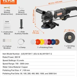 VEVOR Wet Polisher 800W, 4" Concrete Grinder with 6 Variable Speed and 7 Polishing Kits, Wet Grinder Machine for Marble, Granite, Stone, Rock, Tile, Equipped with a GFCI Switch, (700 - 3000 RPM)