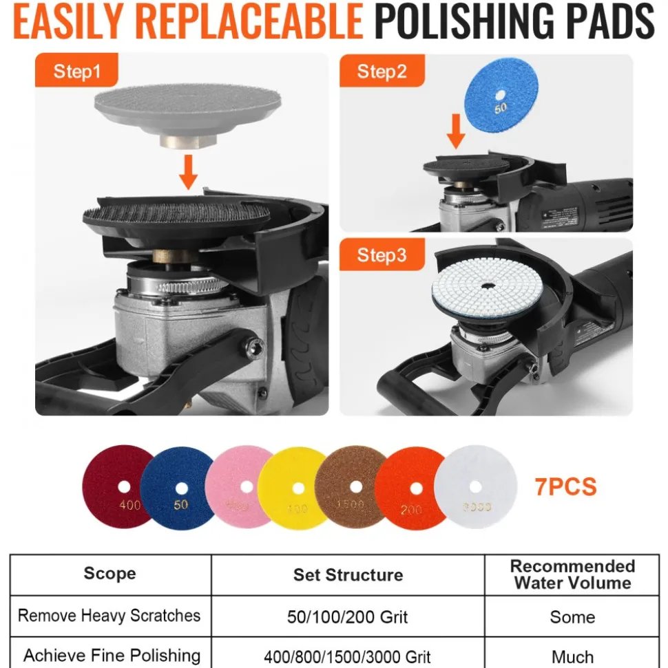 VEVOR Wet Polisher 800W, 4" Concrete Grinder with 6 Variable Speed and 7 Polishing Kits, Wet Grinder Machine for Marble, Granite, Stone, Rock, Tile, Equipped with a GFCI Switch, (700 - 3000 RPM)