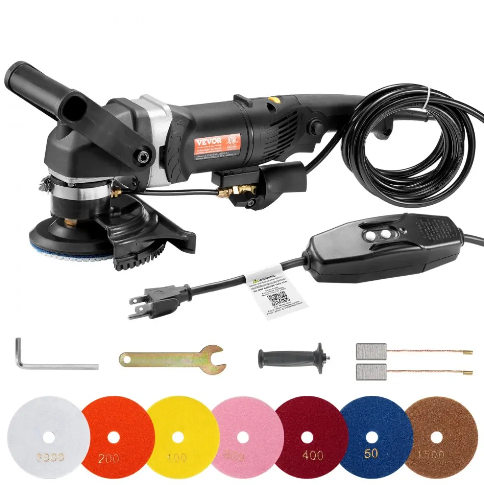 VEVOR Wet Polisher 800W, 4" Concrete Grinder with 6 Variable Speed and 7 Polishing Kits, Wet Grinder Machine for Marble, Granite, Stone, Rock, Tile, Equipped with a GFCI Switch, (700 - 3000 RPM)