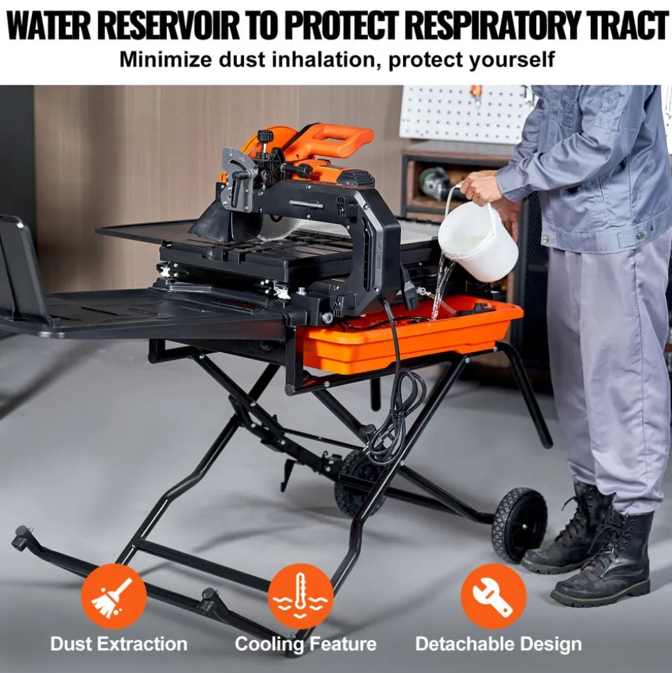 VEVOR Wet Tile Saw with Stand, 10-inch 65Mn Steel Blade, 4500 RPM Motor, Tile Cutter Wet Saw with Water Reservoir and Casters, 0-45 Degrees Miter Angle for Cutting Tiles, Floor Tiles, and Stones
