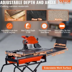 VEVOR Wet Tile Saw with Stand, 10-inch 65Mn Steel Blade, 4500 RPM Motor, Tile Cutter Wet Saw with Water Reservoir and Casters, 0-45 Degrees Miter Angle for Cutting Tiles, Floor Tiles, and Stones