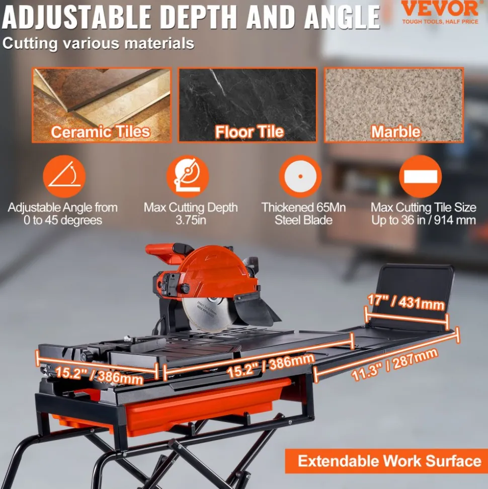 VEVOR Wet Tile Saw with Stand, 10-inch 65Mn Steel Blade, 4500 RPM Motor, Tile Cutter Wet Saw with Water Reservoir and Casters, 0-45 Degrees Miter Angle for Cutting Tiles, Floor Tiles, and Stones