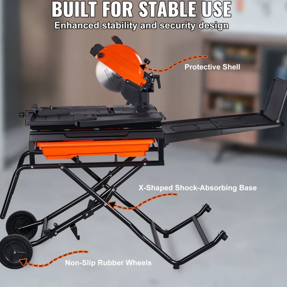 VEVOR Wet Tile Saw with Stand, 10-inch 65Mn Steel Blade, 4500 RPM Motor, Tile Cutter Wet Saw with Water Reservoir and Casters, 0-45 Degrees Miter Angle for Cutting Tiles, Floor Tiles, and Stones