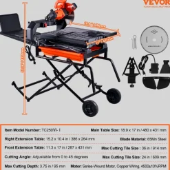 VEVOR Wet Tile Saw with Stand, 10-inch 65Mn Steel Blade, 4500 RPM Motor, Tile Cutter Wet Saw with Water Reservoir and Casters, 0-45 Degrees Miter Angle for Cutting Tiles, Floor Tiles, and Stones