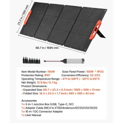 VEVOR 150W Foldable Monocrystalline Solar Panel, 23% Efficiency Portable ETFE Mono Solar Panel Charger with MC4 Output, Type-C, QC3.0 USB & DC Ports, IP67 Waterproof for Power Stations Camping Hiking