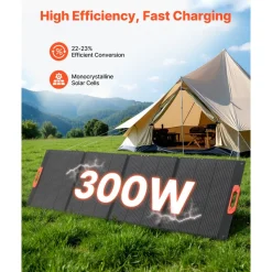 VEVOR 300W Foldable Monocrystalline Solar Panel, 23% High-Efficiency Portable Mono Solar Panel Charger with MC4 Output & 10-in-1 DC Adapters, IP67 Waterproof for Power Stations, Camping, Hiking Trips