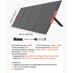 VEVOR 300W Foldable Monocrystalline Solar Panel, 23% High-Efficiency Portable Mono Solar Panel Charger with MC4 Output & 10-in-1 DC Adapters, IP67 Waterproof for Power Stations, Camping, Hiking Trips