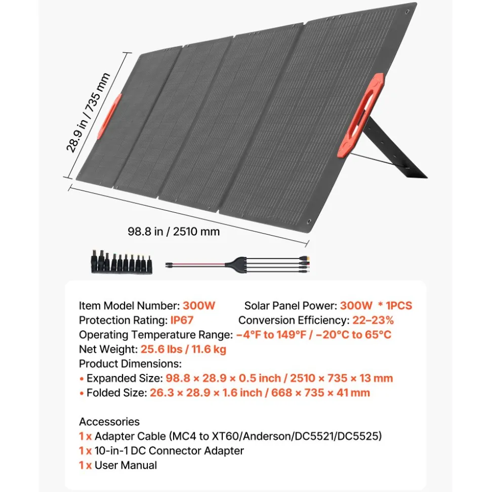 VEVOR 300W Foldable Monocrystalline Solar Panel, 23% High-Efficiency Portable Mono Solar Panel Charger with MC4 Output & 10-in-1 DC Adapters, IP67 Waterproof for Power Stations, Camping, Hiking Trips