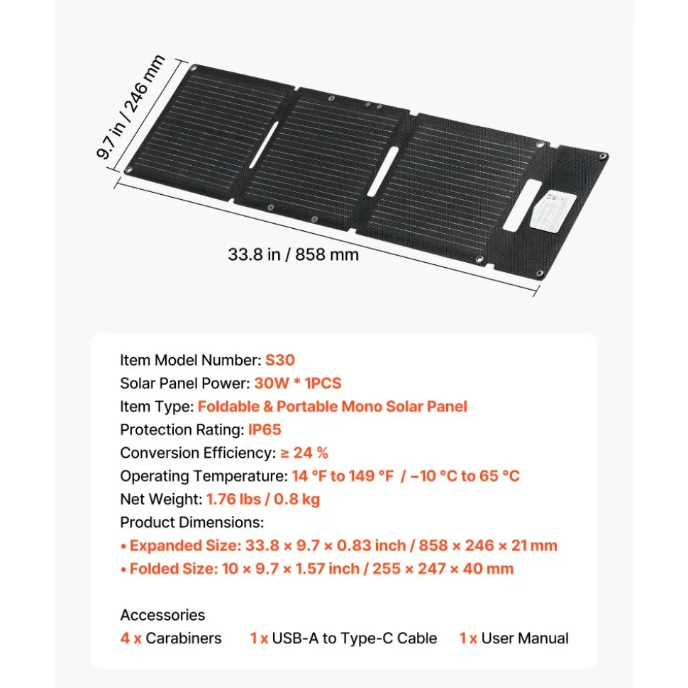 VEVOR 30W Foldable Solar Panel Charger, 16BB N-Type Monocrystalline Solar Panel 24% Efficiency, Ultra-Light Portable with USB-A, USB-A (QC3.0) & Type-C Ports for Camping, Backpacking, Phones, Tablets
