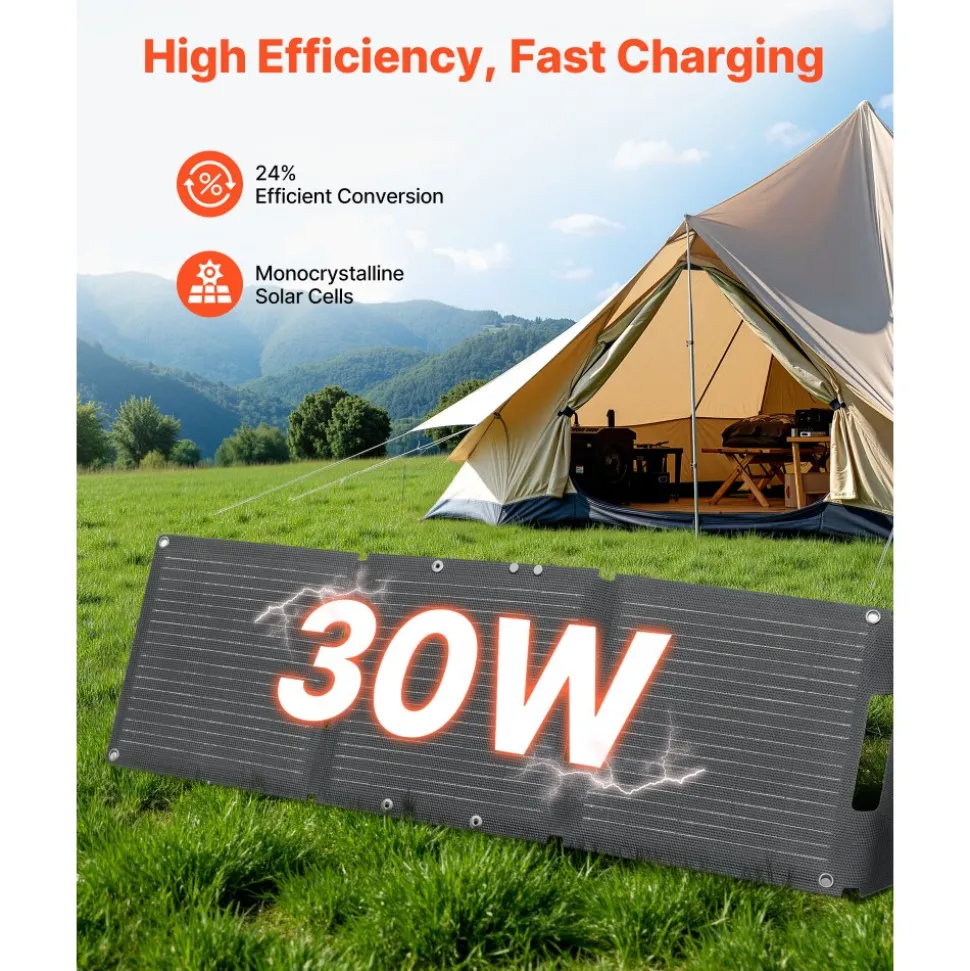 VEVOR 30W Foldable Solar Panel Charger, 16BB N-Type Monocrystalline Solar Panel 24% Efficiency, Ultra-Light Portable with USB-A, USB-A (QC3.0) & Type-C Ports for Camping, Backpacking, Phones, Tablets