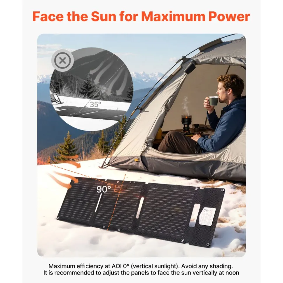 VEVOR 30W Foldable Solar Panel Charger, 16BB N-Type Monocrystalline Solar Panel 24% Efficiency, Ultra-Light Portable with USB-A, USB-A (QC3.0) & Type-C Ports for Camping, Backpacking, Phones, Tablets