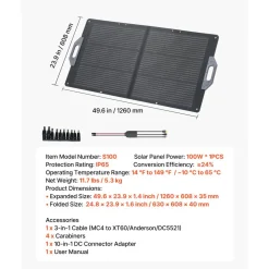VEVOR 100W Foldable Solar Panel, 24% High-Efficiency Portable Monocrystalline Solar Panel Charger with MC4 Output, USB-A, Type-C & DC Ports, IP65 Waterproof for Power Stations, Camping, Hiking Trips