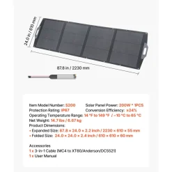 VEVOR 200W Foldable Solar Panel, 24% High-Efficiency Portable Monocrystalline Solar Panel Charger with MC4 Output, USB-A, Type-C & DC Ports, IP67 Waterproof for Power Stations, Camping, Hiking Trips