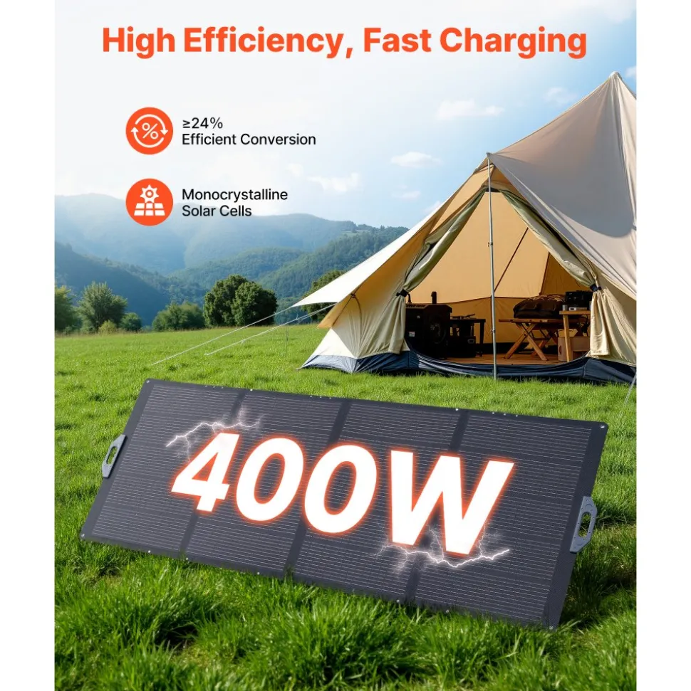 VEVOR 400W Foldable Solar Panel, 24% High-Efficiency Portable Monocrystalline Solar Panel Charger with MC4 Output & 10-in-1 DC Adapter, IP67 Waterproof for Power Stations, Camping, Hiking Trips