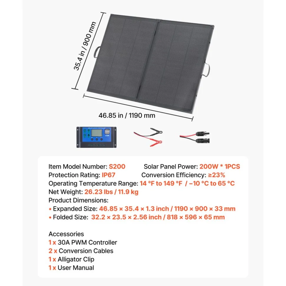 VEVOR 200W Foldable Solar Panel with Frame, 23% High-Efficiency Portable Monocrystalline Solar Panel Charger with 30A PWM Controller & MC4 Output, IP67 Waterproof for Camping, Hiking, RV Trips