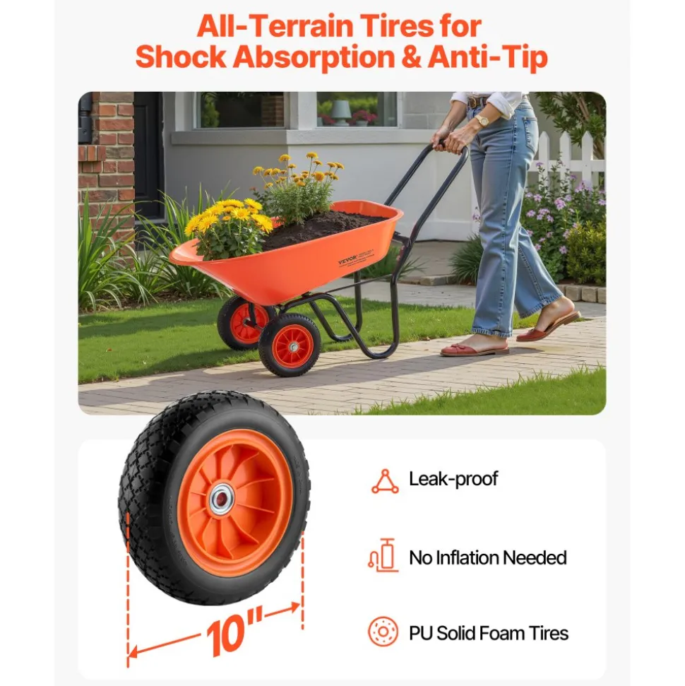 VEVOR Wheelbarrow Cart, 5 Cu. Ft. Load & 397 lbs Capacity, 2 Wheels Garden Dump Cart, Garden Wagon with Handle & 10" Wide Track Wheels, Easy Loading Utility Yard Cart & Wagons for Outdoor Lawn Yard