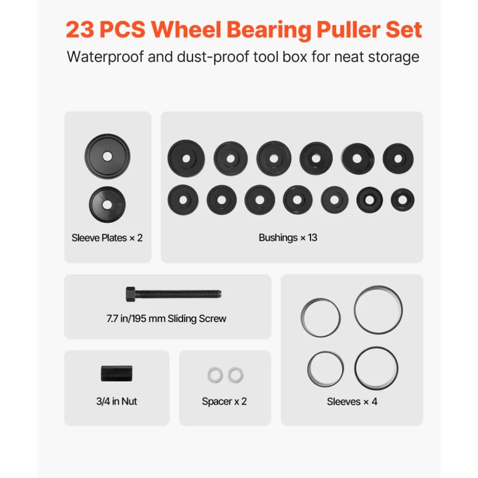 VEVOR Wheel Bearing Press Kit, 23 PCS FWD Bearing Puller Tools, for Front Wheel Drive Bearing Removal and Installation, Wheel Bearing Tool with Sliding Screw, Bushings, Sleeve Plates, Storage Case