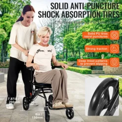 VEVOR Wheelchair, Aluminum Alloy Ultra-Lightweight Transport Chair for Adults, Foldable Cabin Wheelchair with Flip-Back Desk-Length Arms, Self-locking Brake, 15.75-Inch Wide Seat, 220lbs Load