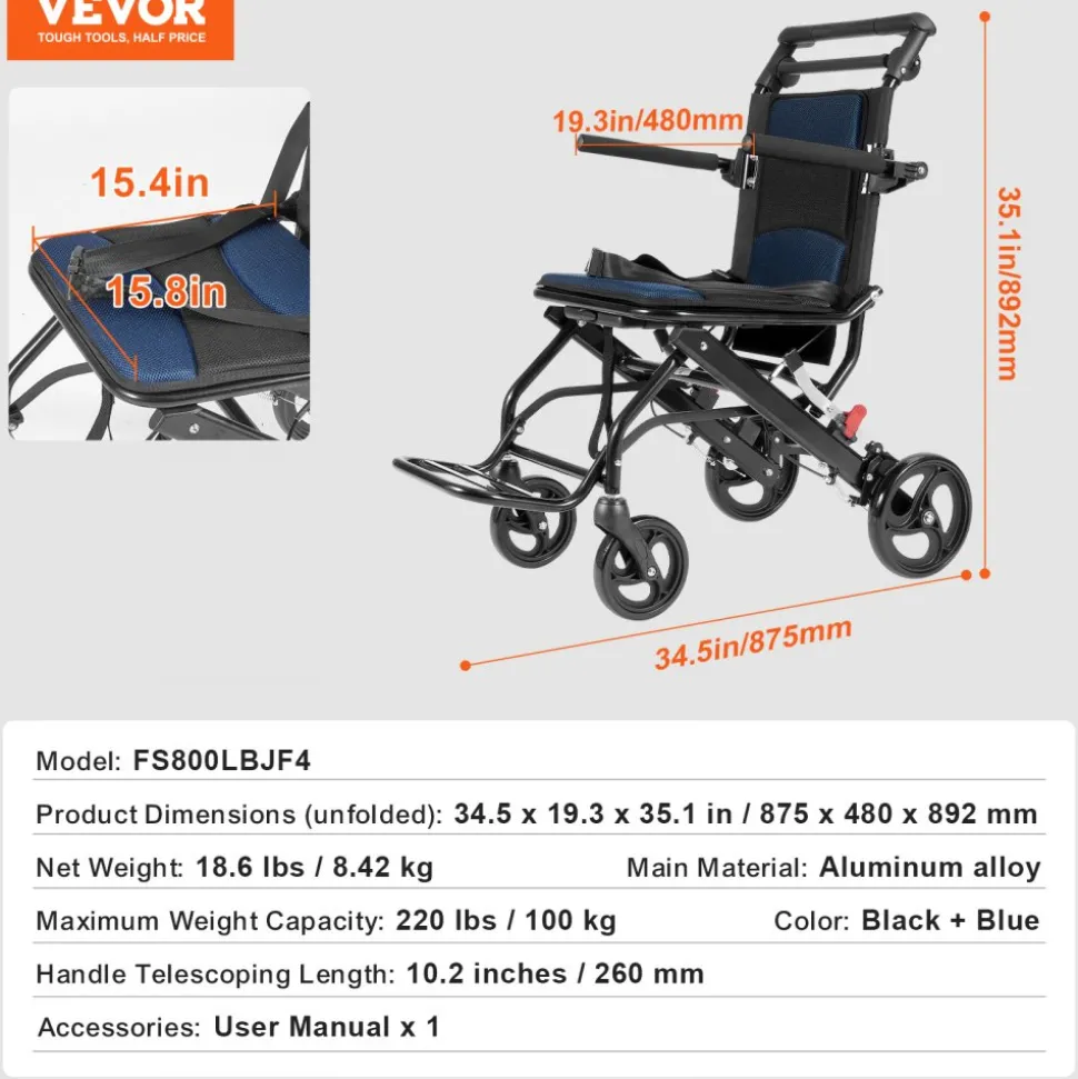 VEVOR Wheelchair, Aluminum Alloy Ultra-Lightweight Transport Chair for Adults, Foldable Cabin Wheelchair with Flip-Back Desk-Length Arms, Self-locking Brake, 15.75-Inch Wide Seat, 220lbs Load