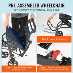 VEVOR Wheelchair, Aluminum Alloy Ultra-Lightweight Transport Chair for Adults, Foldable Cabin Wheelchair with Flip-Back Desk-Length Arms, Self-locking Brake, 15.75-Inch Wide Seat, 220lbs Load
