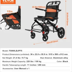 VEVOR Wheelchair, Aluminum Alloy Ultra-Lightweight Transport Chair for Adults, Foldable Wheelchair with Flip-Back Desk-Length Arms, Self-locking Brake, 18-Inch Wide Seat, 220lbs Weight Capacity
