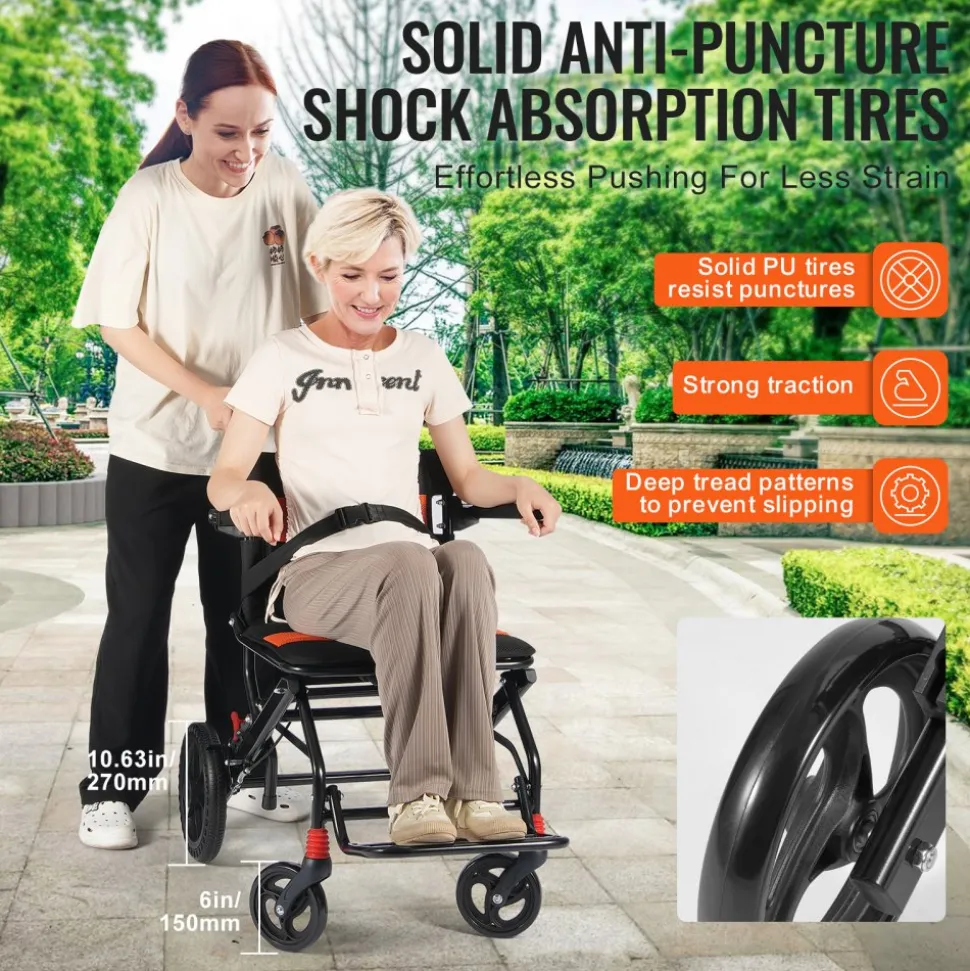 VEVOR Wheelchair, Aluminum Alloy Ultra-Lightweight Transport Chair for Adults, Foldable Wheelchair with Flip-Back Desk-Length Arms, Self-locking Brake, 18-Inch Wide Seat, 220lbs Weight Capacity