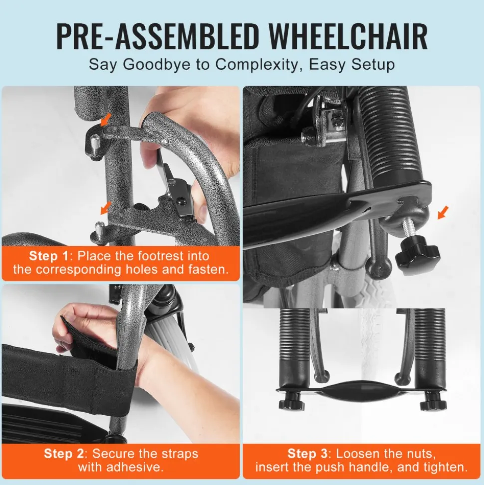 VEVOR Wheelchair, Carbon Steel Transport Chair for Adults, Foldable Wheelchair with Detachable Armrest, Self-locking Brake, 24-Inch Wide Seat, 300lbs Weight Capacity, for the Disabled Move Freely