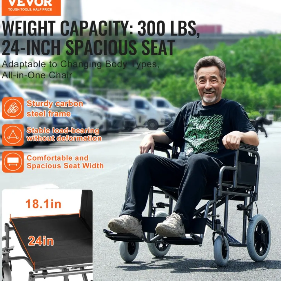 VEVOR Wheelchair, Carbon Steel Transport Chair for Adults, Foldable Wheelchair with Detachable Armrest, Self-locking Brake, 24-Inch Wide Seat, 300lbs Weight Capacity, for the Disabled Move Freely